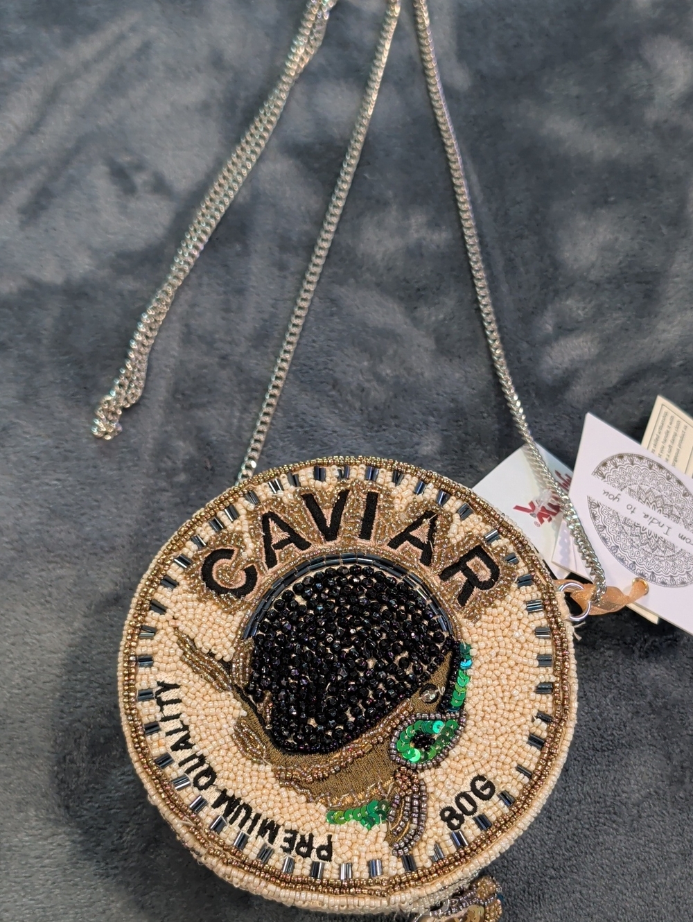 Caviar Beaded Bag Round Crossbody Necklace Purse - Beige and Black